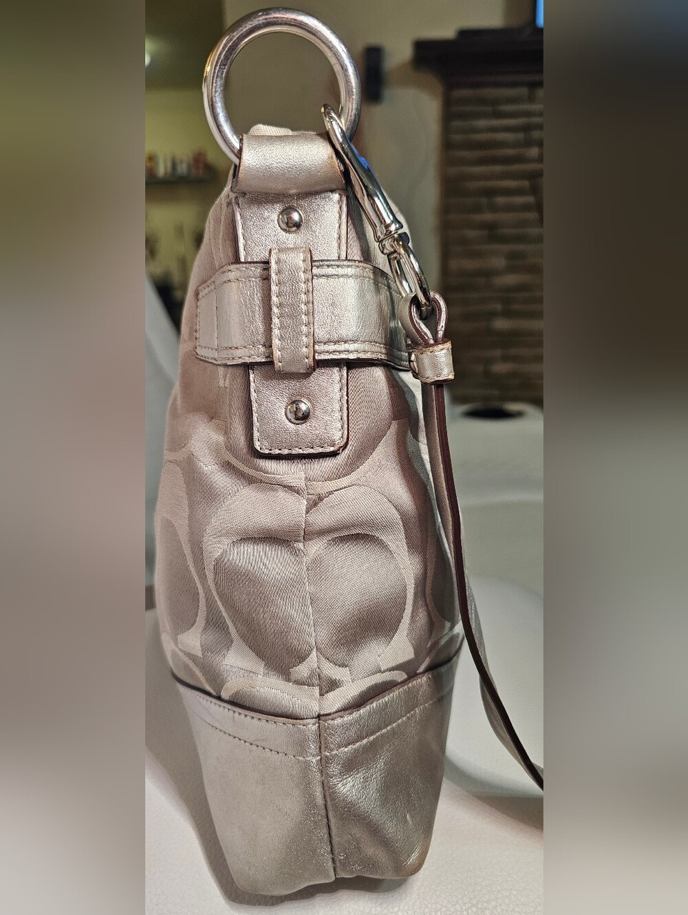 Coach Satin Signature Chain-Accent Shoulder Bag in Silver Taupe (Used) - Picture 4 of 13